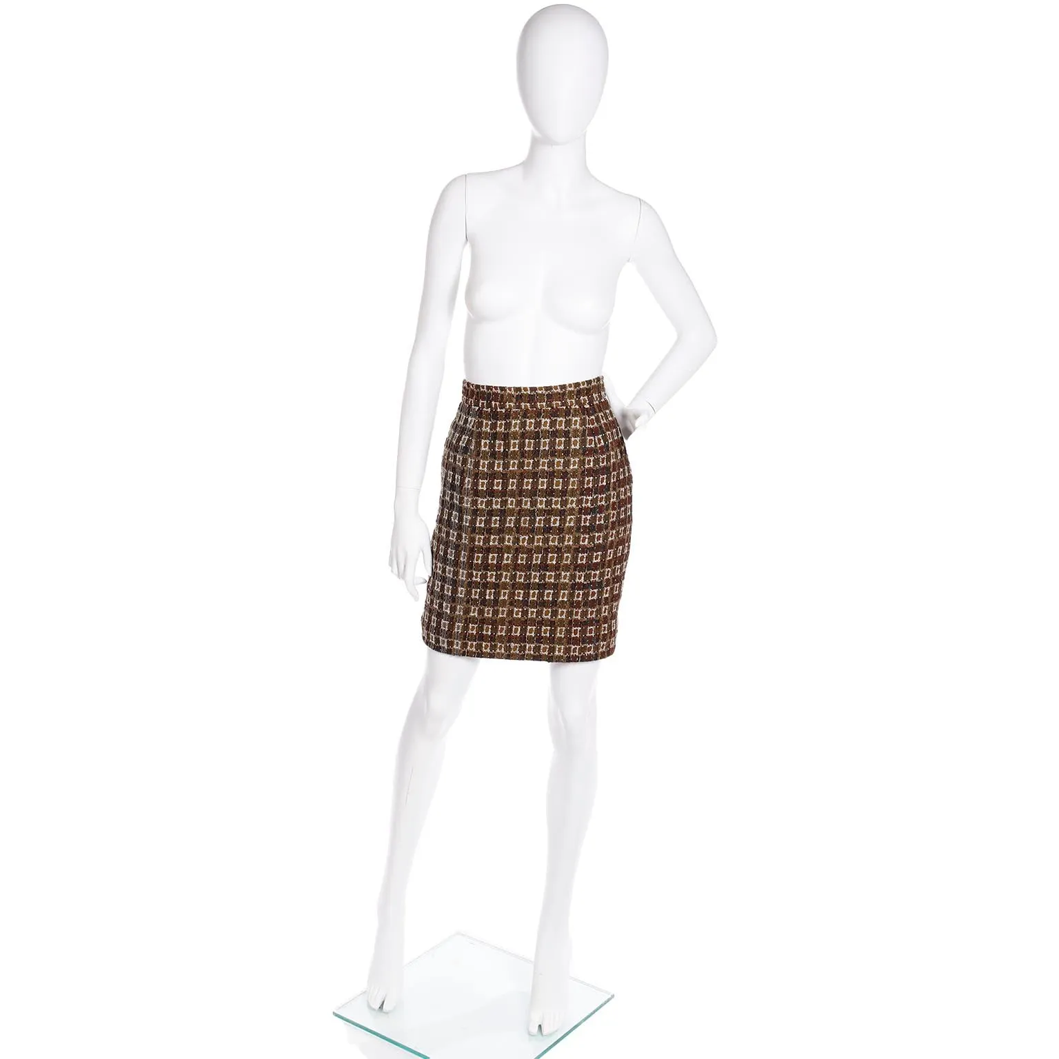 1990s Christian Lacroix Brown & Gold Check Boucle Mini Skirt
