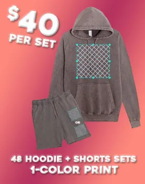 48 1-Color Print Vintage Hoodie & Short Sets (Unisex)