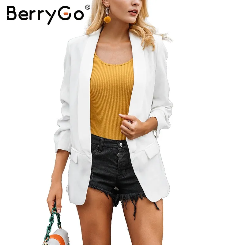 BerryGo Turn-down pocket blazer coat women Ruched sleeve black suit blazer 2017 new cool OL slim winter outerwear female
