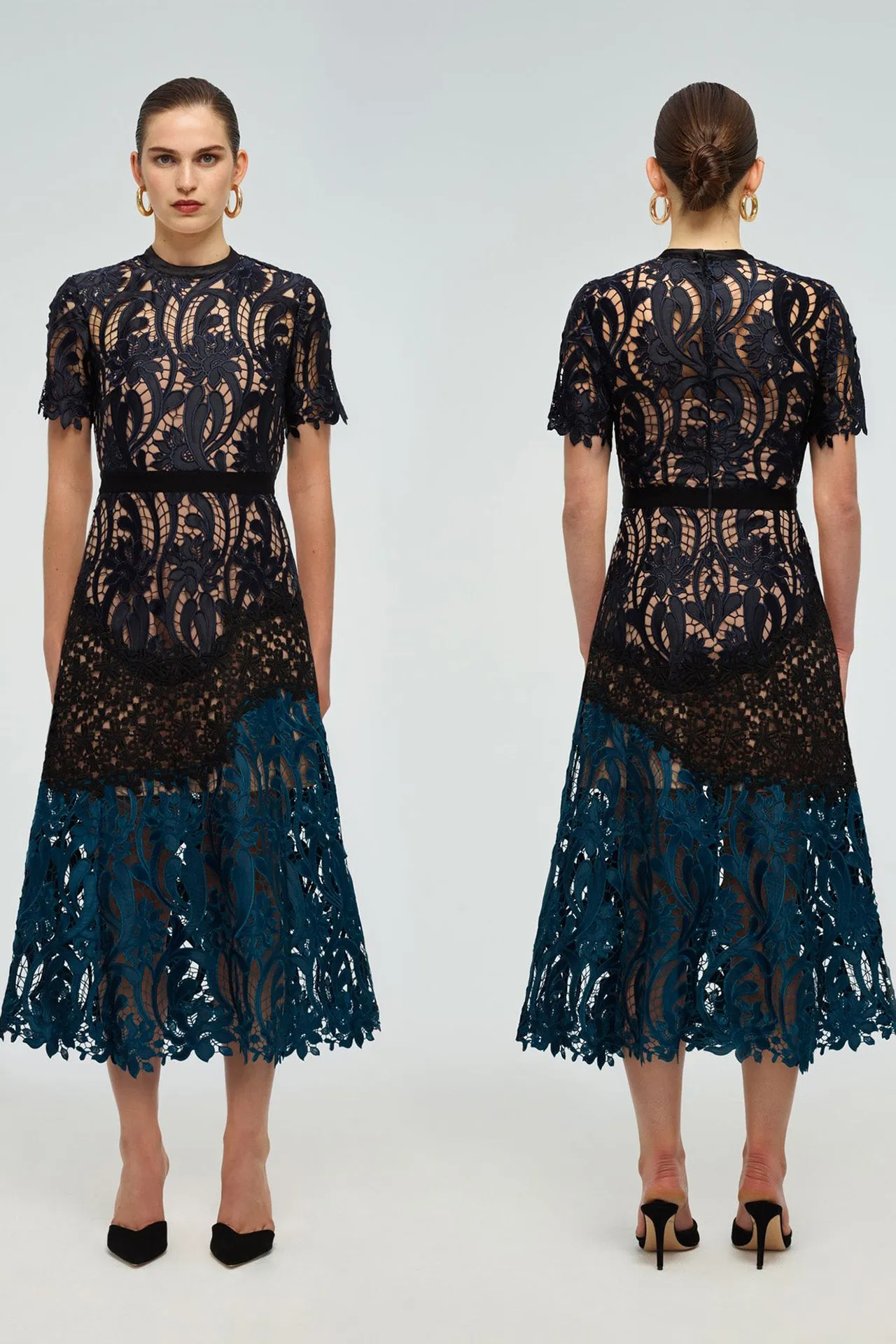 Black and Blue Prairie Guipure Midi Dress