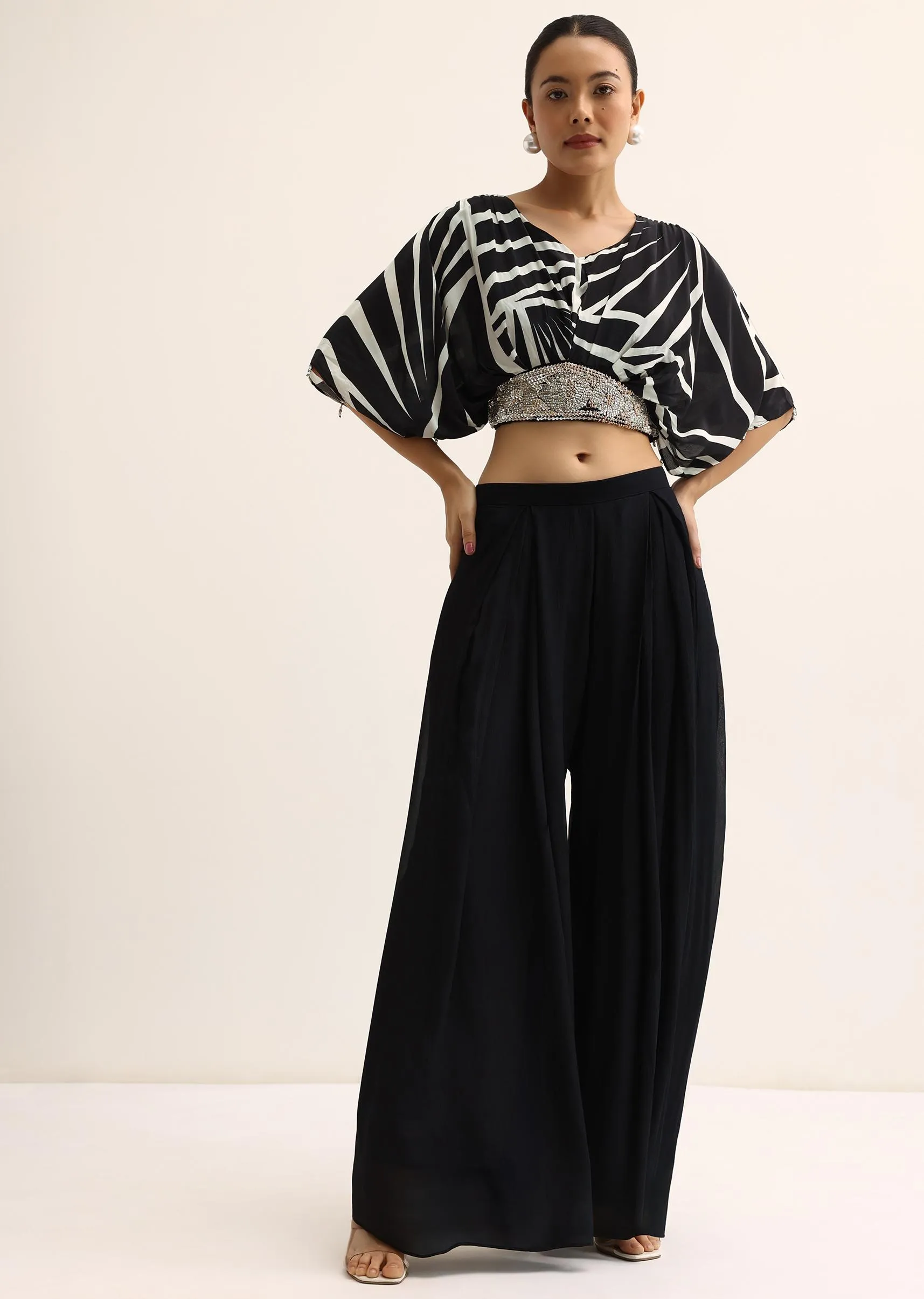 Black Beaded Crop Top And Palazzo Set