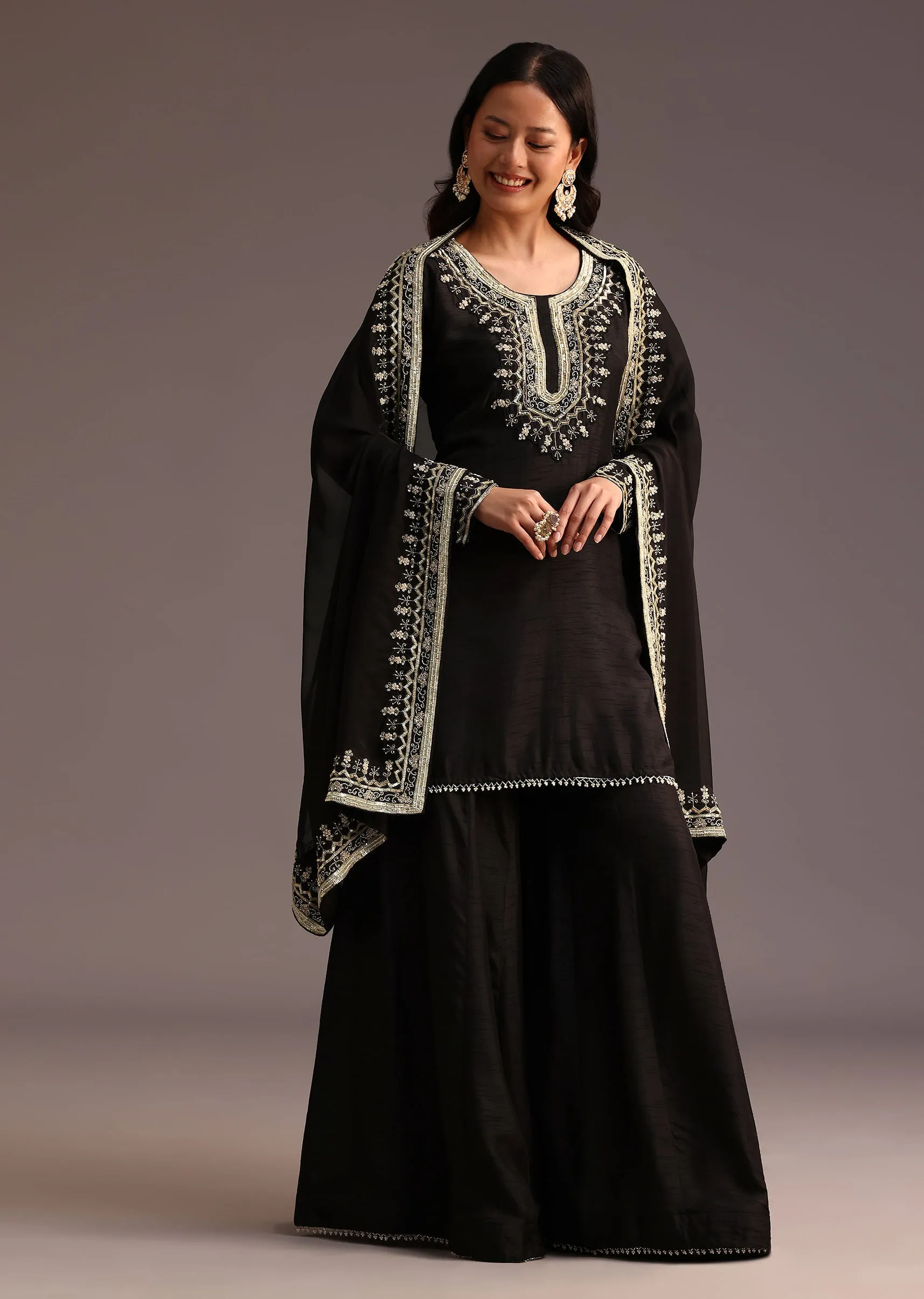 Black Embroidered Palazzo Suit With Organza Dupatta