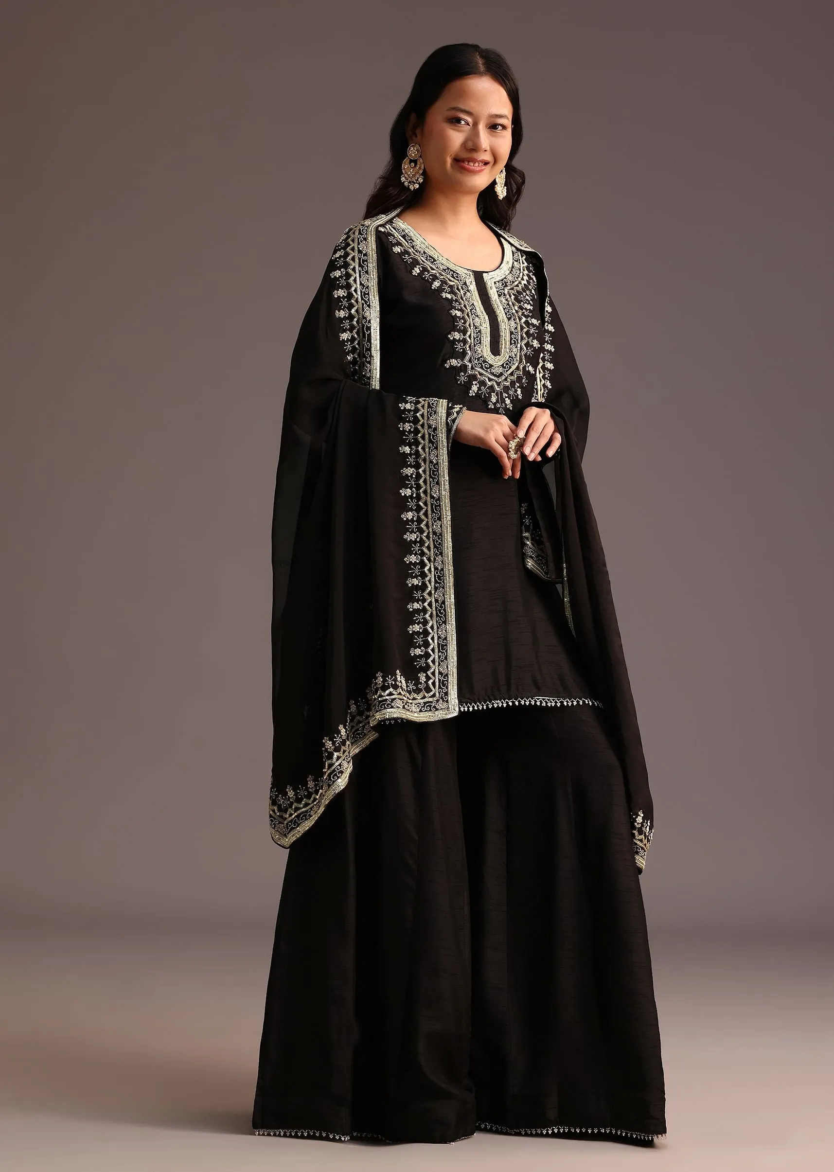Black Embroidered Palazzo Suit With Organza Dupatta