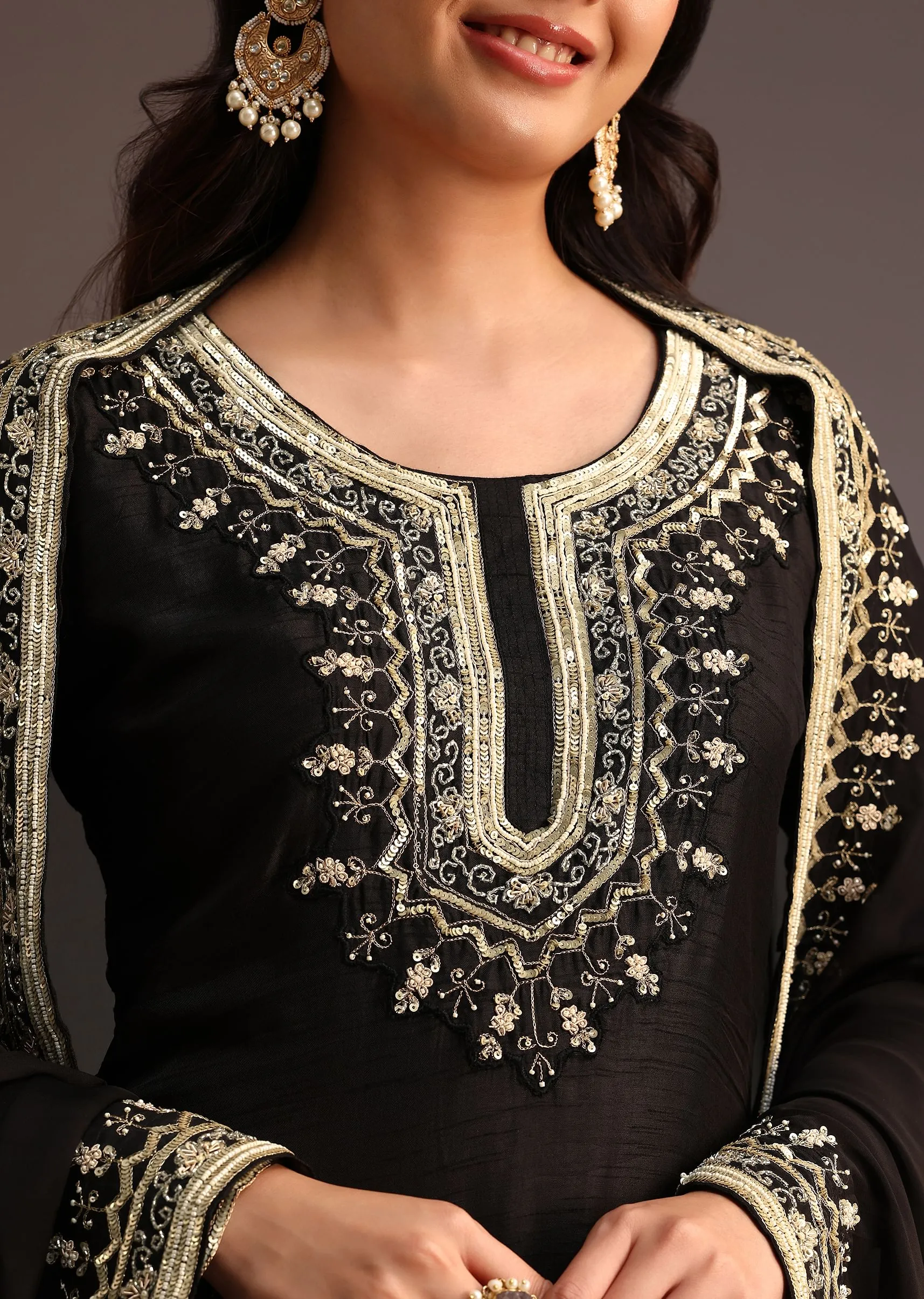 Black Embroidered Palazzo Suit With Organza Dupatta