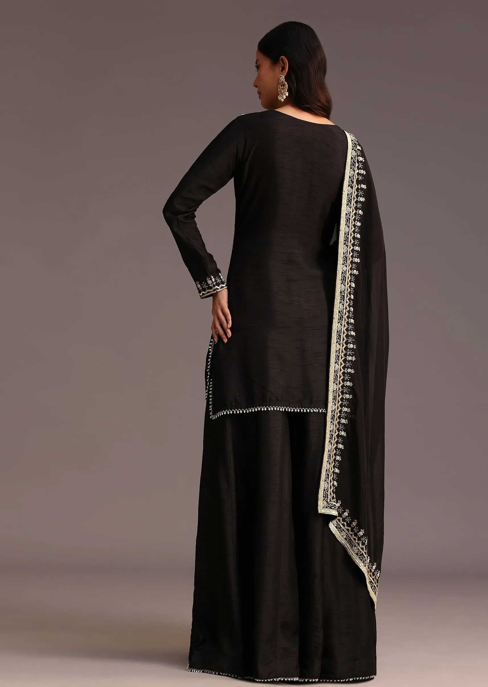 Black Embroidered Palazzo Suit With Organza Dupatta