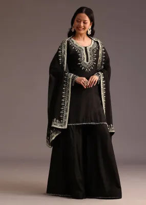 Black Embroidered Palazzo Suit With Organza Dupatta