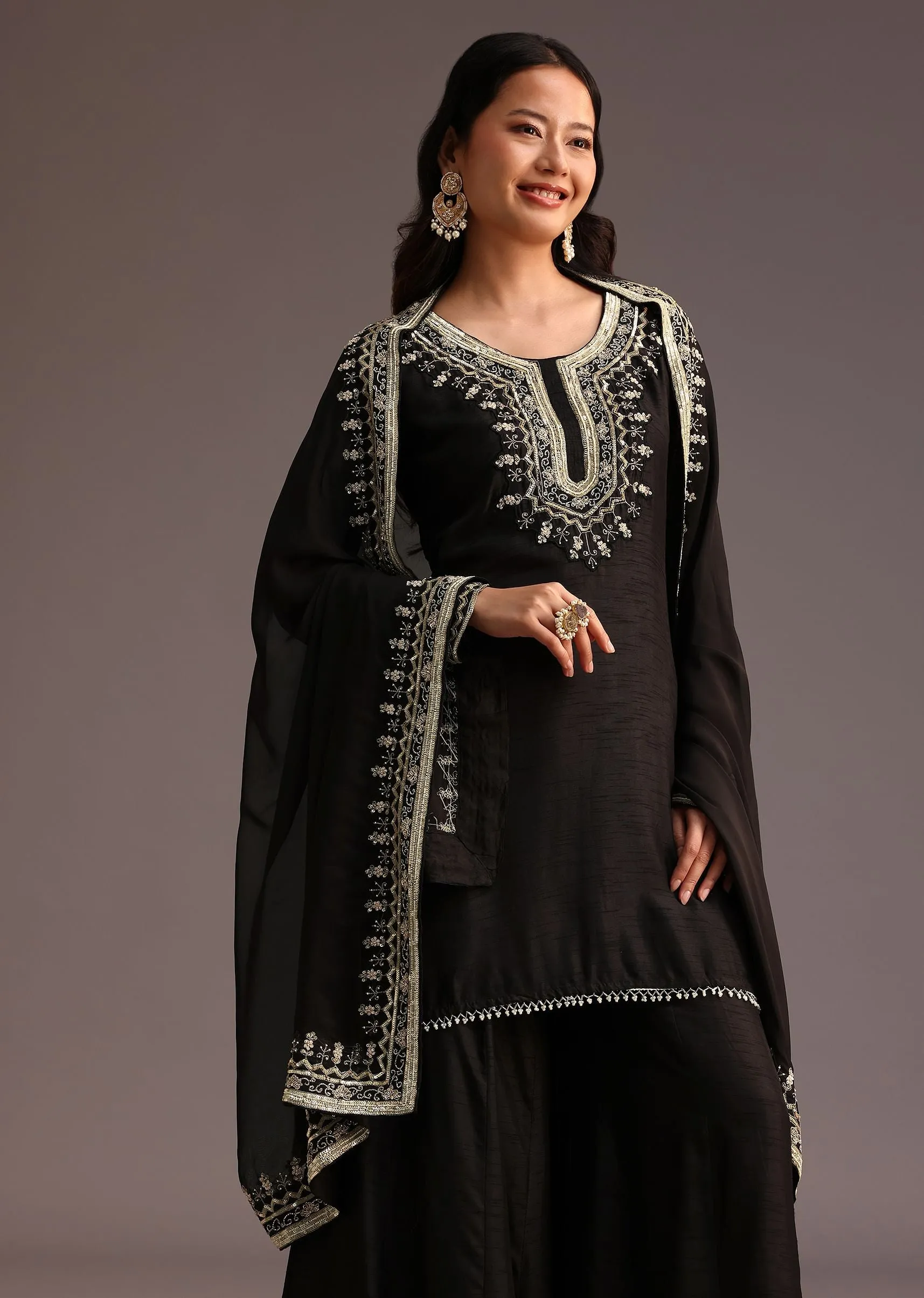 Black Embroidered Palazzo Suit With Organza Dupatta