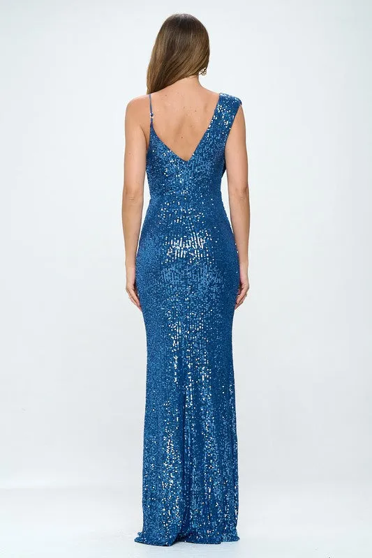 Blue Long Sleeveless Sequined Evening Dress