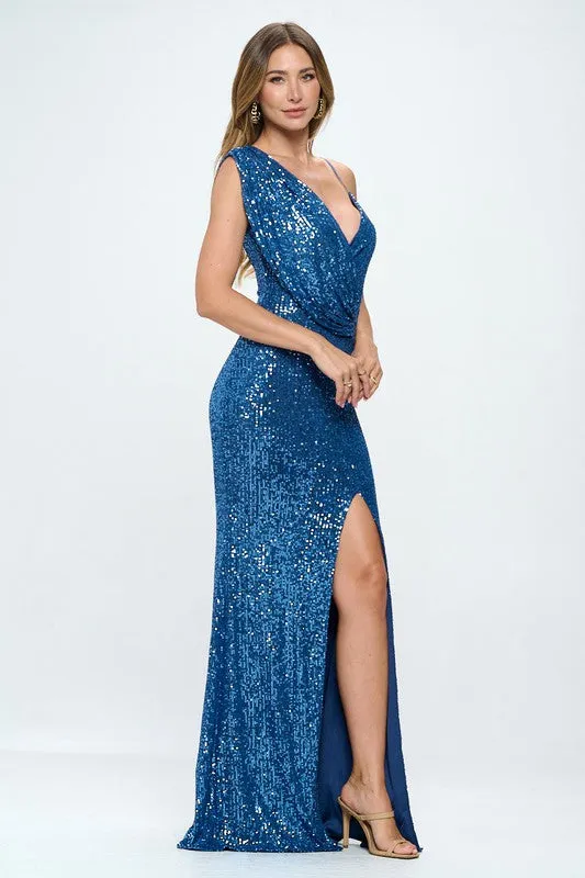 Blue Long Sleeveless Sequined Evening Dress
