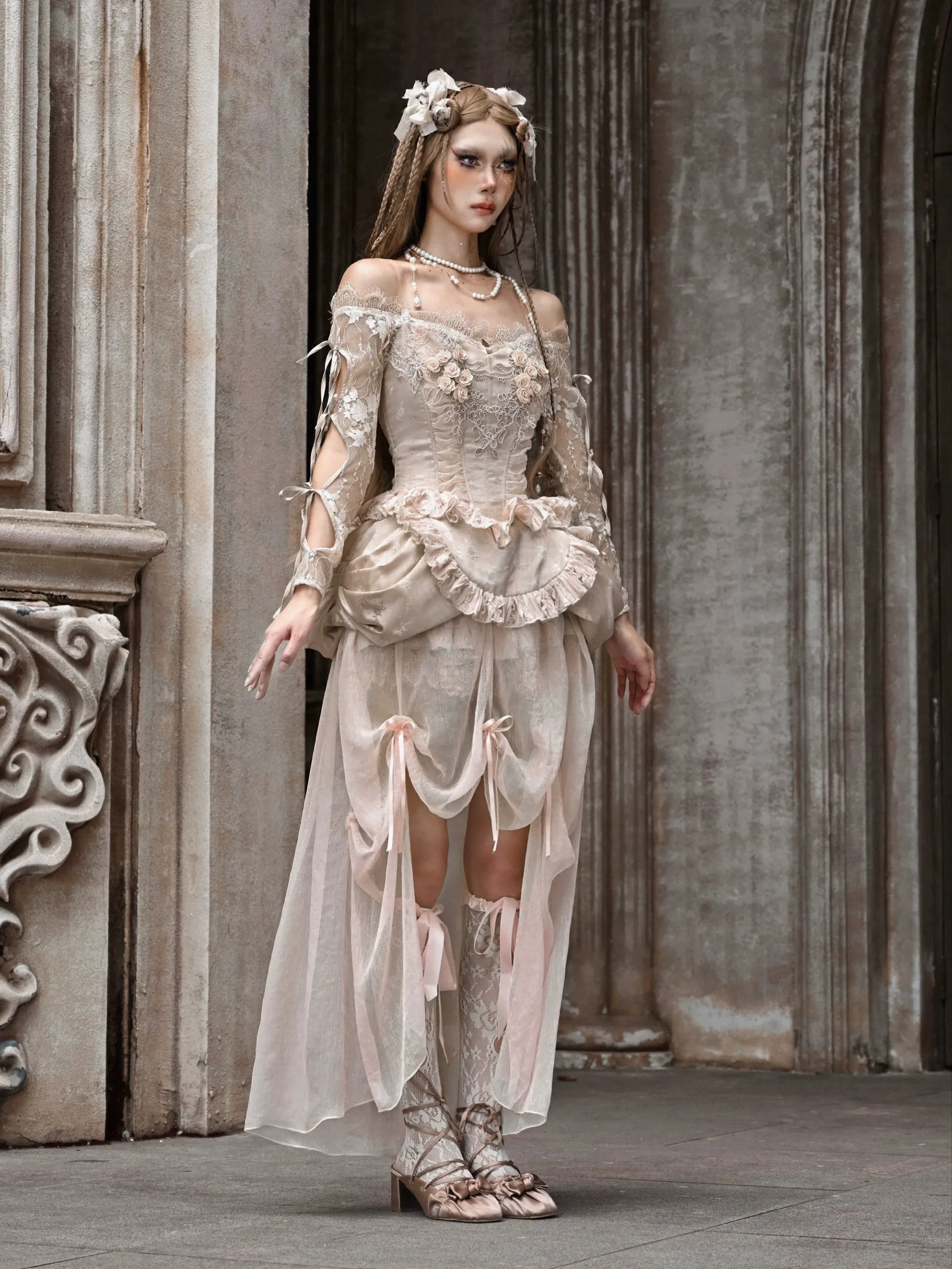 Court Strap Lace Ballet Cardigan Tops Crochet Sleeve Inner Off-Shoulder