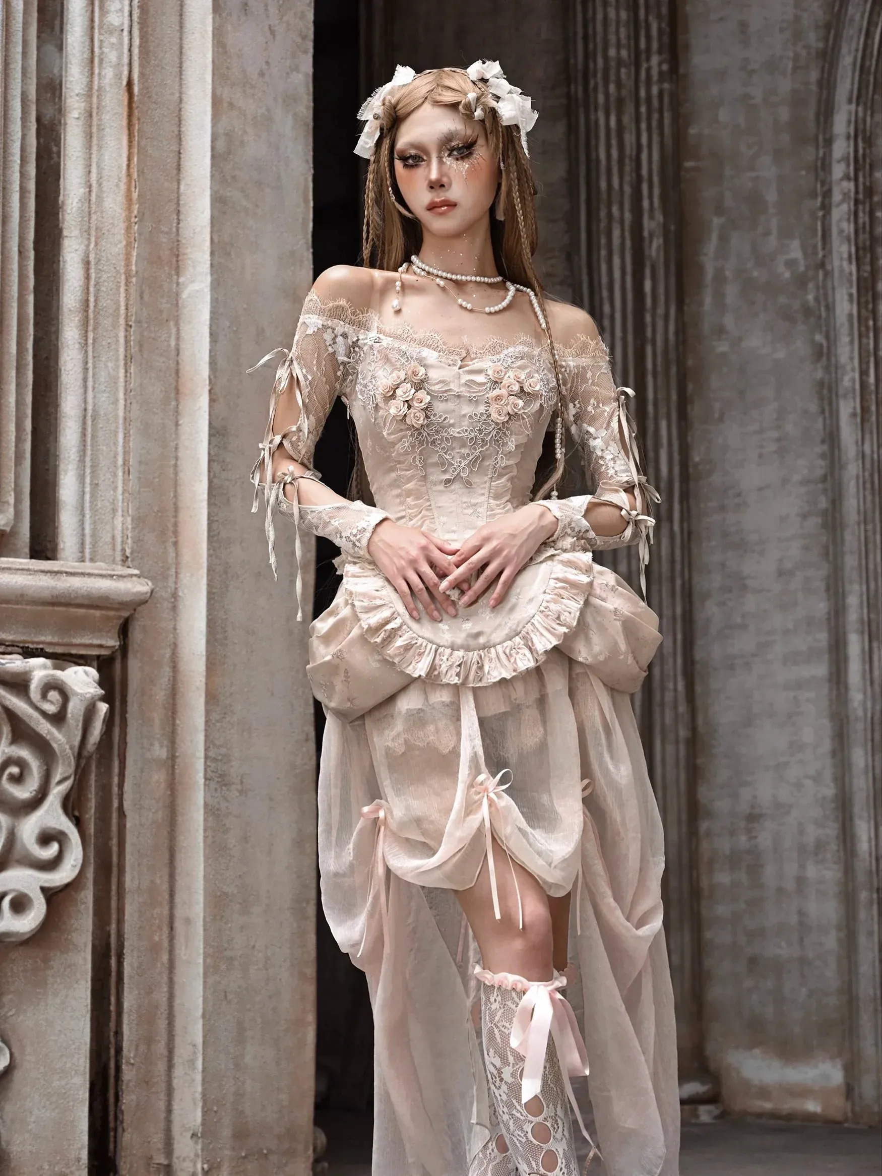 Court Strap Lace Ballet Cardigan Tops Crochet Sleeve Inner Off-Shoulder