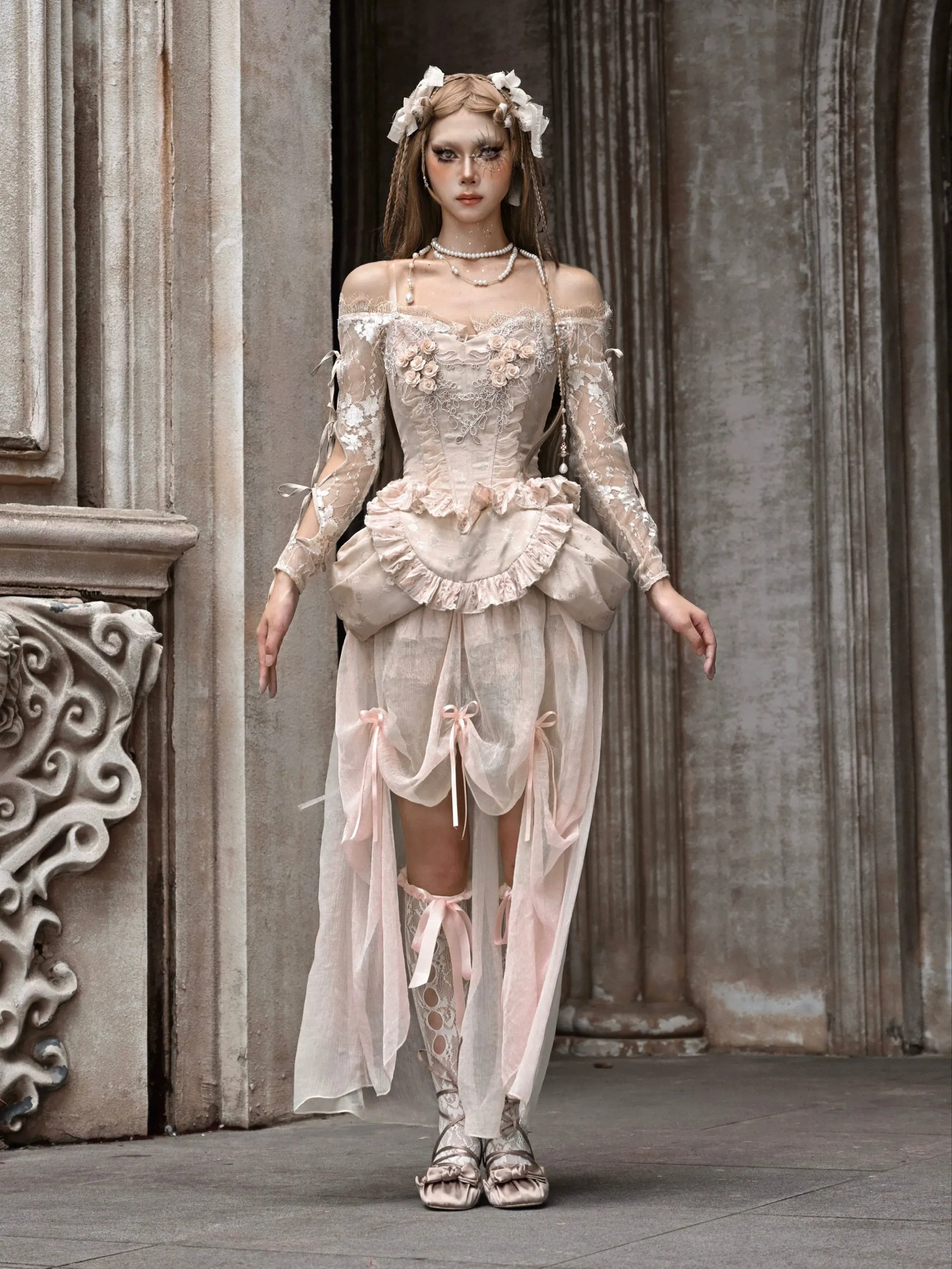 Court Strap Lace Ballet Cardigan Tops Crochet Sleeve Inner Off-Shoulder