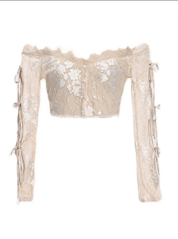 Court Strap Lace Ballet Cardigan Tops Crochet Sleeve Inner Off-Shoulder