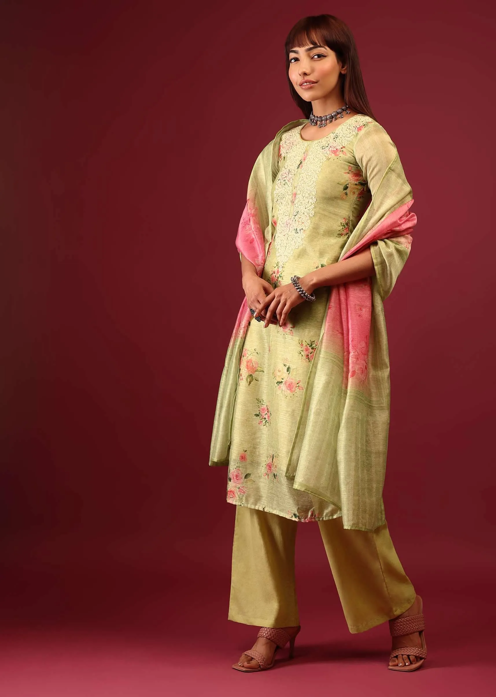 Lime Green Floral Print Palazzo Suit In U Neckline With Zari Embroidery