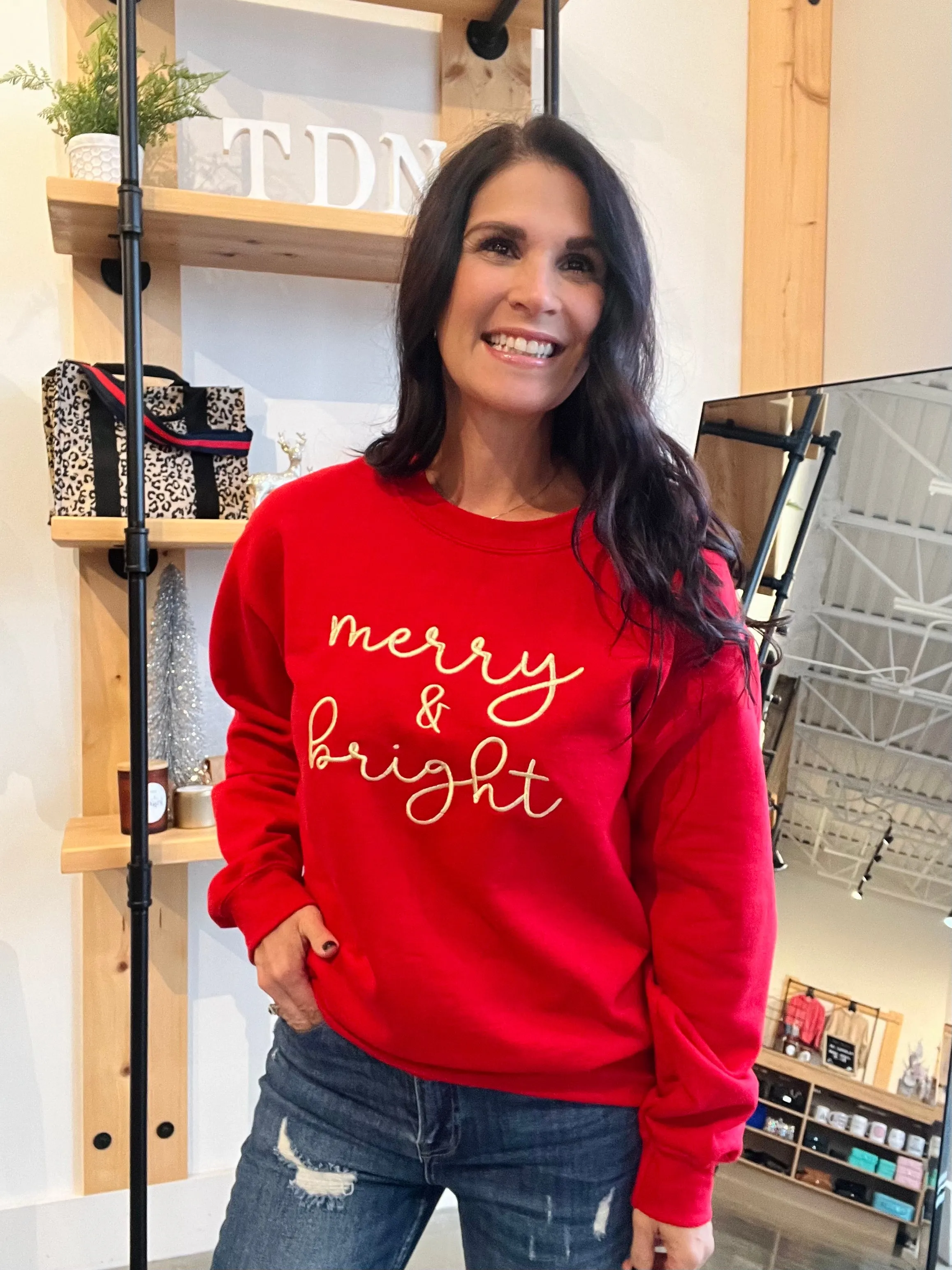 Merry & Bright Embroidered Sweatshirt - Red with Gold Thread