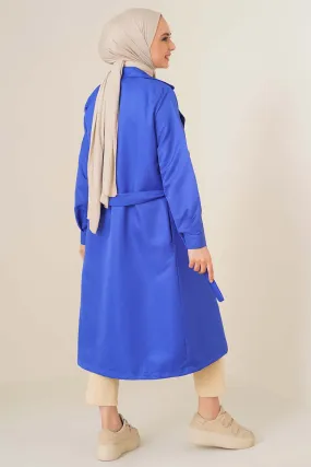 Three-Button Double-Breasted Trench Coat - Sax