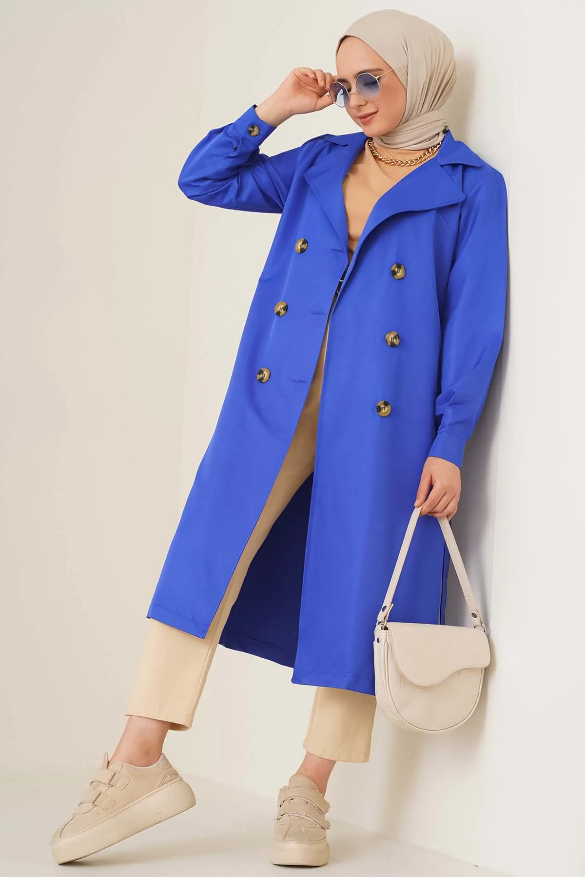 Three-Button Double-Breasted Trench Coat - Sax