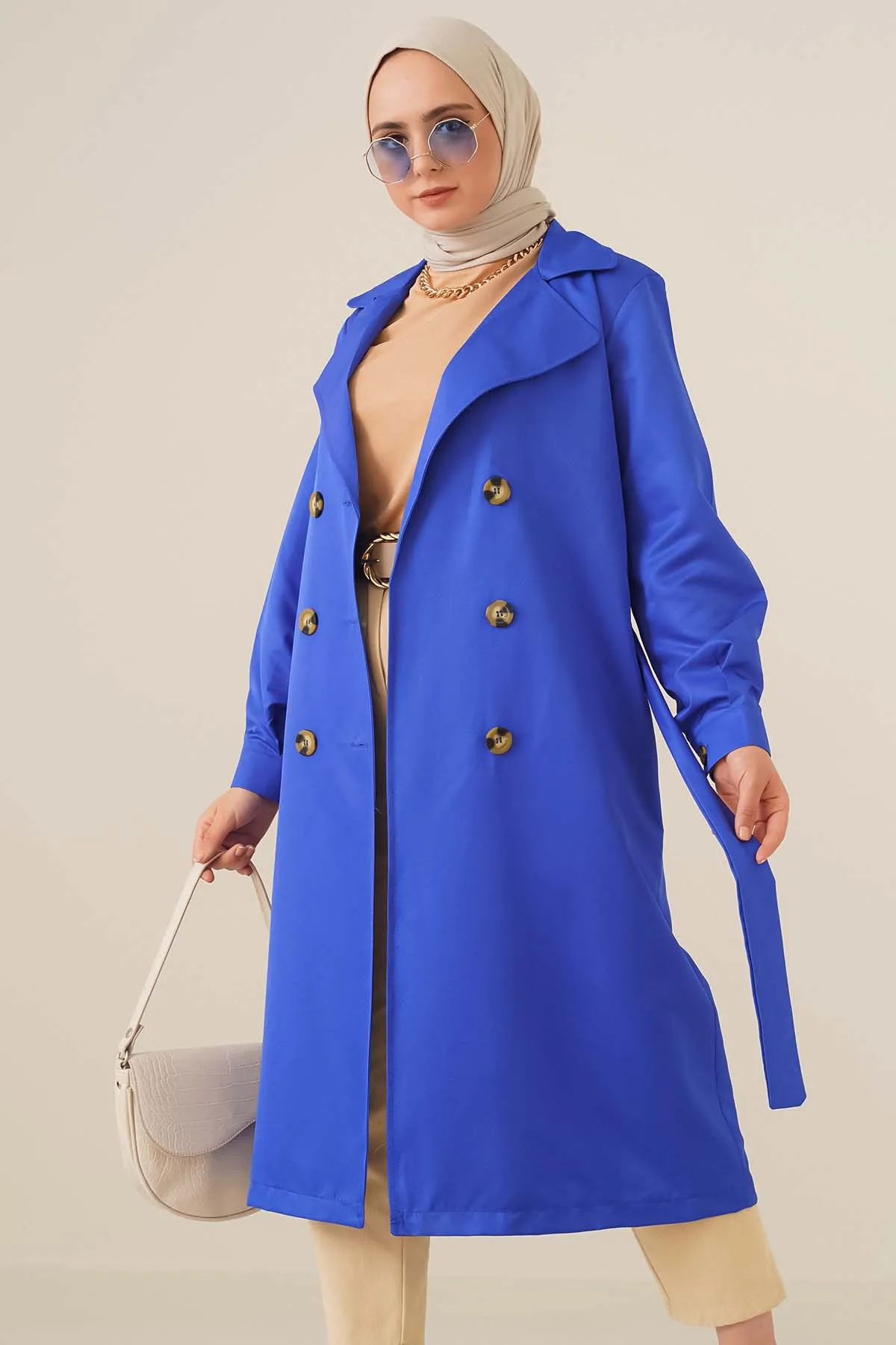 Three-Button Double-Breasted Trench Coat - Sax