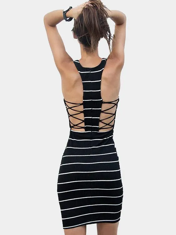 Wholesale Black Round Neck Sleeveless Stripe Zip Back Midi Dress