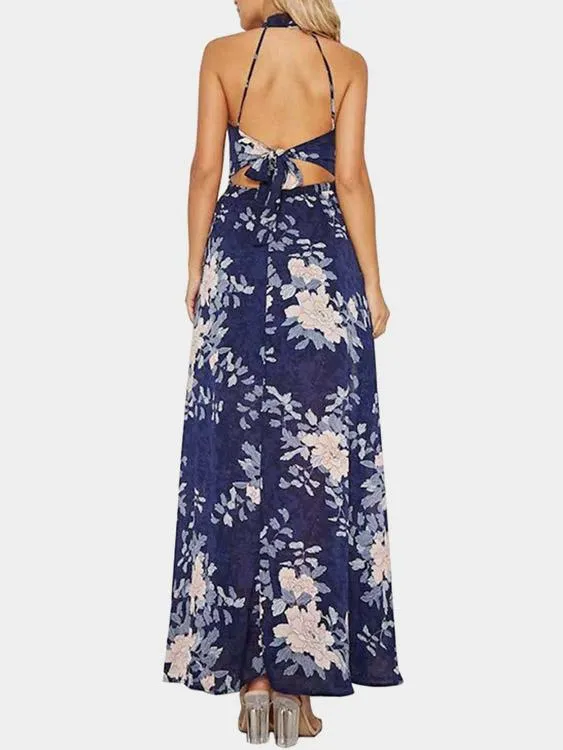Wholesale Blue Halter Sleeveless Floral Print Backless Cut Out Slit Hem Maxi Dress