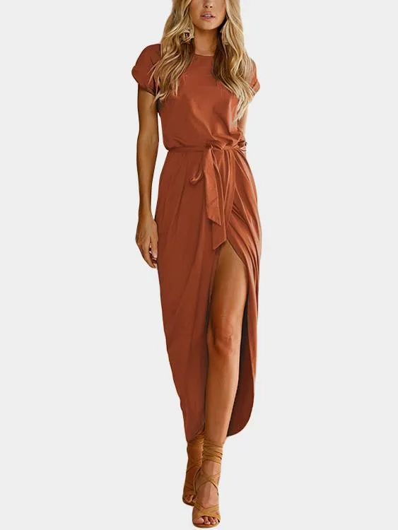 Wholesale Round Neck Short Sleeve Lace-Up Belt Slit Hem Maxi Dresses