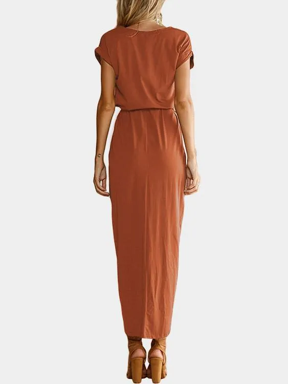 Wholesale Round Neck Short Sleeve Lace-Up Belt Slit Hem Maxi Dresses