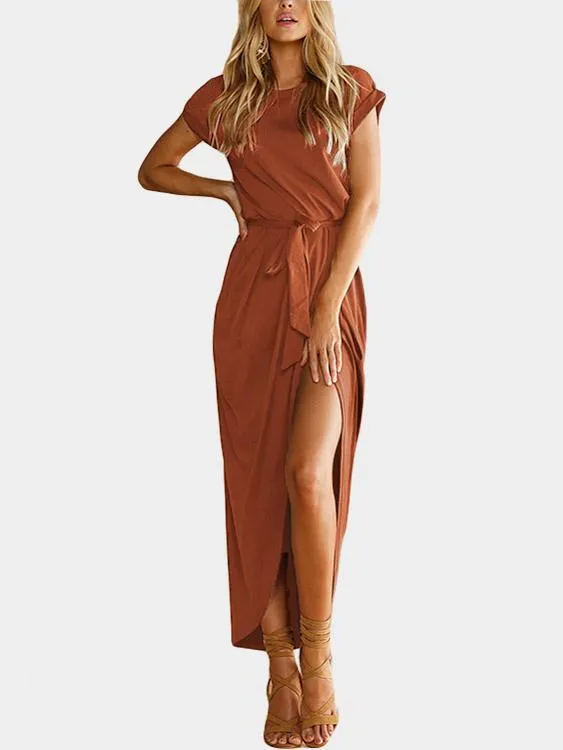 Wholesale Round Neck Short Sleeve Lace-Up Belt Slit Hem Maxi Dresses