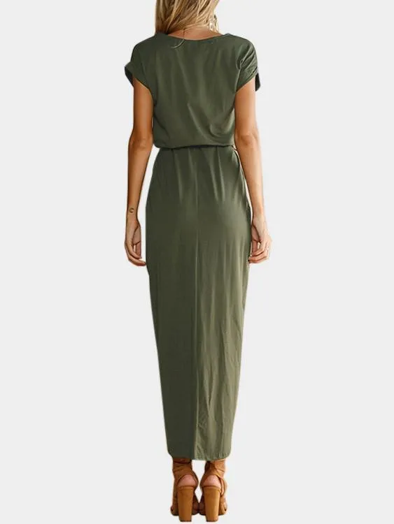 Wholesale Round Neck Short Sleeve Lace-Up Belt Slit Hem Maxi Dresses