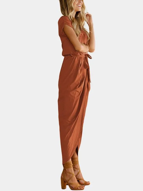 Wholesale Round Neck Short Sleeve Lace-Up Belt Slit Hem Maxi Dresses