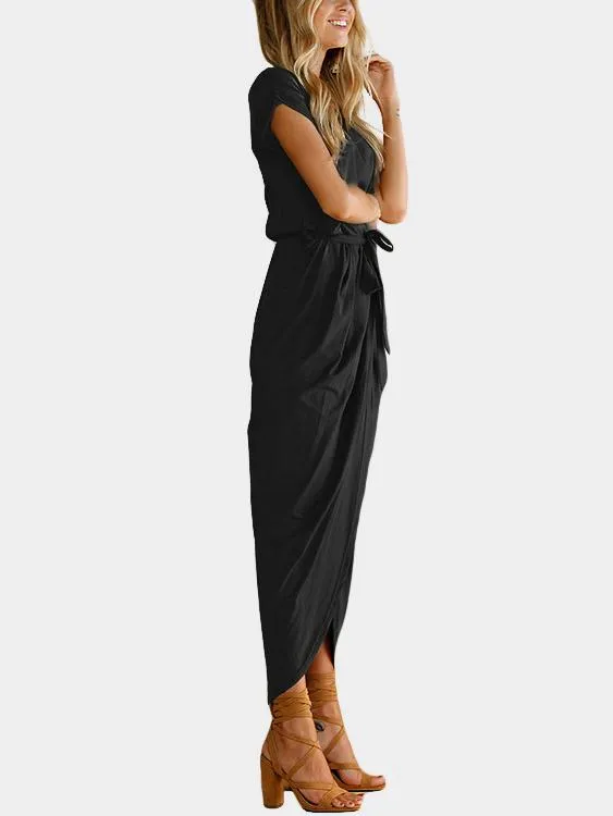 Wholesale Round Neck Short Sleeve Lace-Up Belt Slit Hem Maxi Dresses