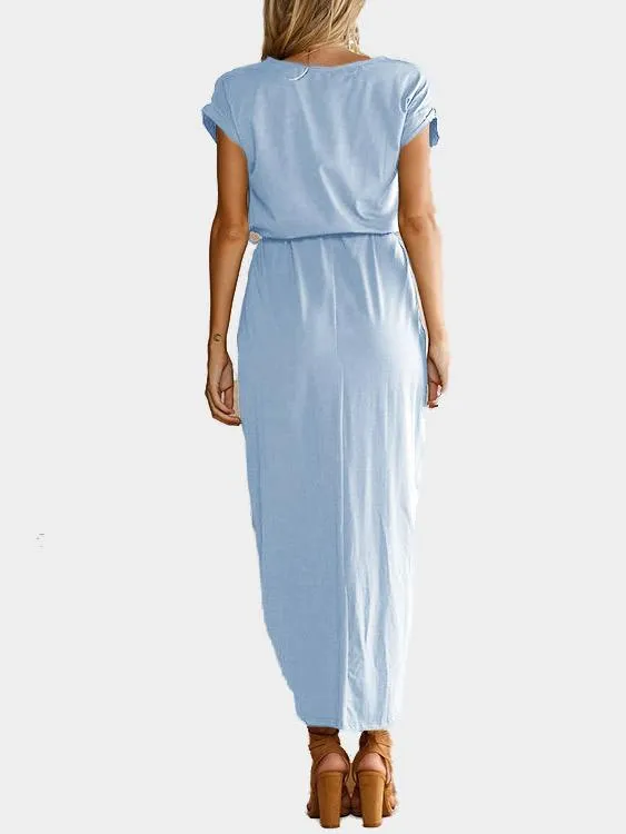Wholesale Round Neck Short Sleeve Lace-Up Belt Slit Hem Maxi Dresses