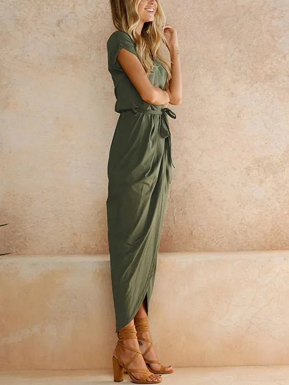 Wholesale Round Neck Short Sleeve Lace-Up Belt Slit Hem Maxi Dresses