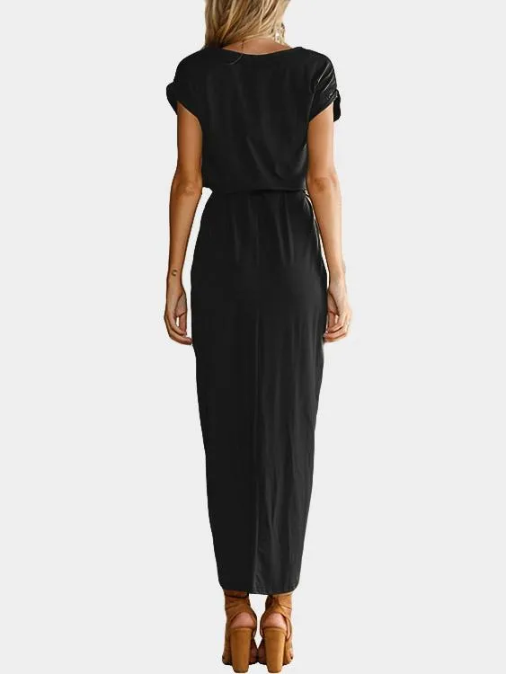 Wholesale Round Neck Short Sleeve Lace-Up Belt Slit Hem Maxi Dresses
